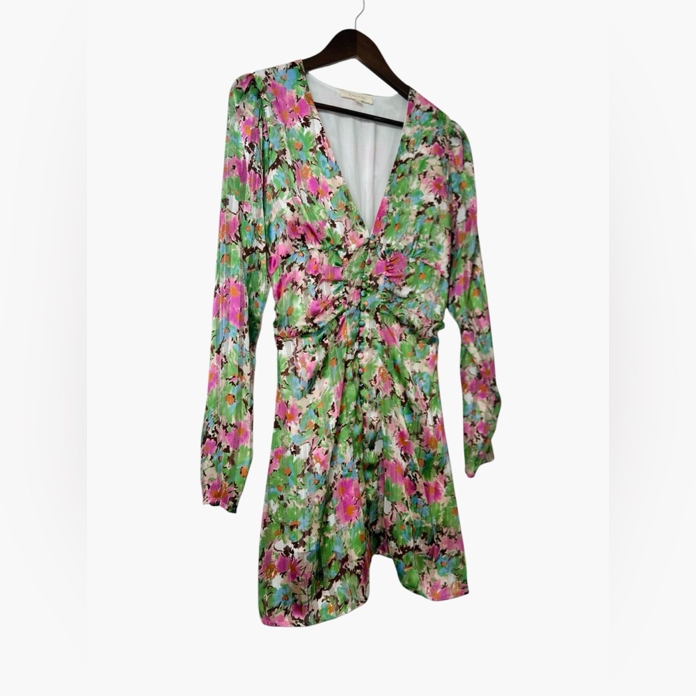 Fanco Watercolor Floral Button Up Long Sleeve Mini Dress Ruched Flare Medium - Picture 5 of 10